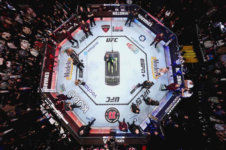 LAS VEGAS, NEVADA - DECEMBER 16: An overhead view of the Octagon in the UFC welterweight championship fight during the UFC 296 event at T-Mobile Arena on December 16, 2023 in Las Vegas, Nevada. (Photo by Zuffa LLC/Zuffa LLC via Getty Images)